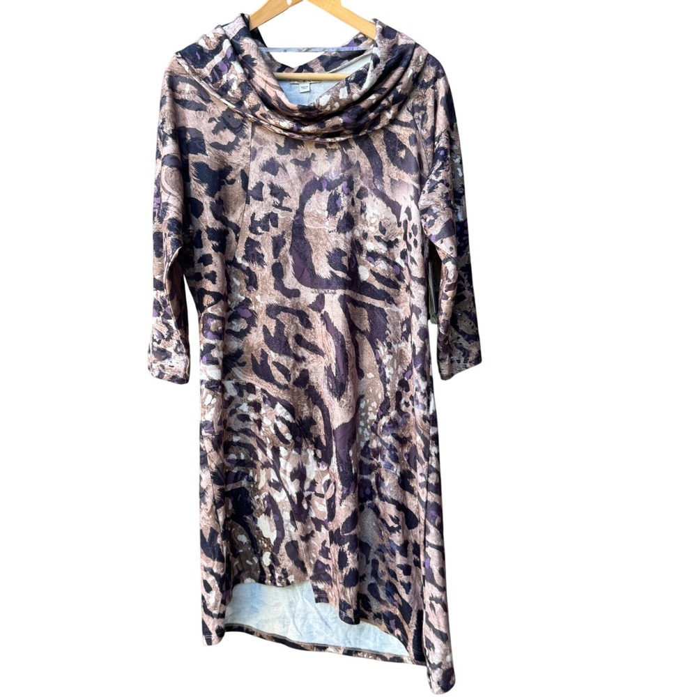 One‎ World Tunic Dress Womens Large Brown Leopard Cowl Neck 3/4 Sleeve High-Low